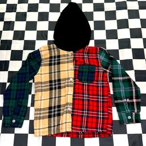 Boys Color Block 90’s Kid Stylish Plaid Button Down Flannel w/ Hoodie 6-7